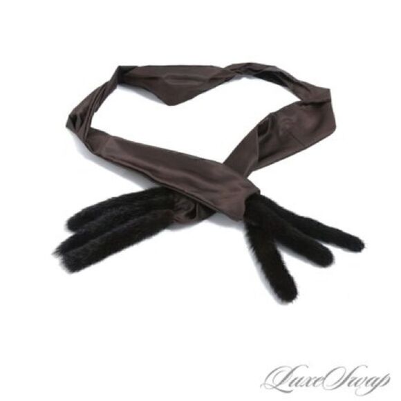 NWOT Black Diamond Dark Brown Silk Foulard Scarf with Genuine Mink Fur Tails. - Picture 1 of 5